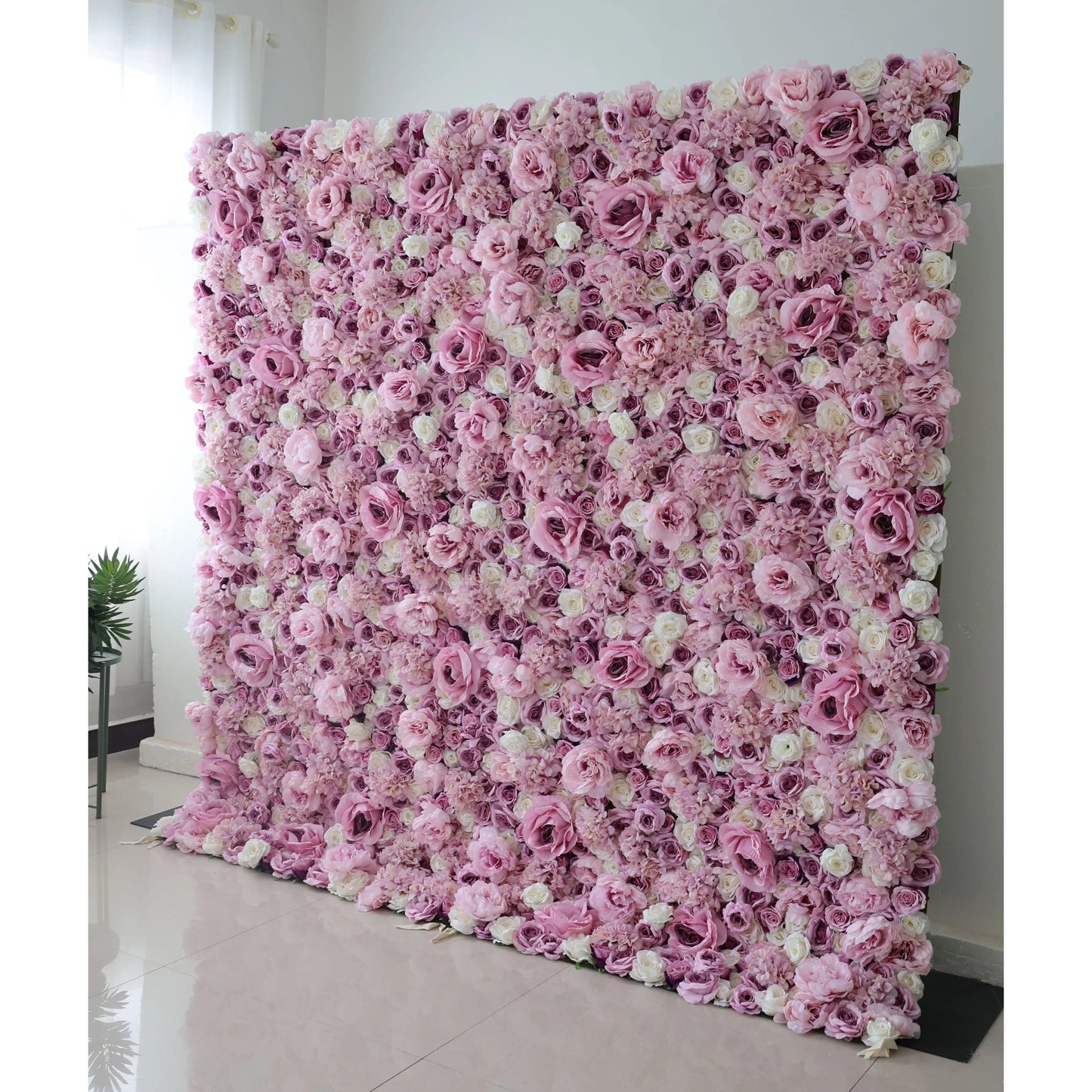 Roll Up Fabric Artificial Mix Purple Rose and White Flower Wall Wedding Backdrop, Floral Party Decor, Event Photography-VF-048-3