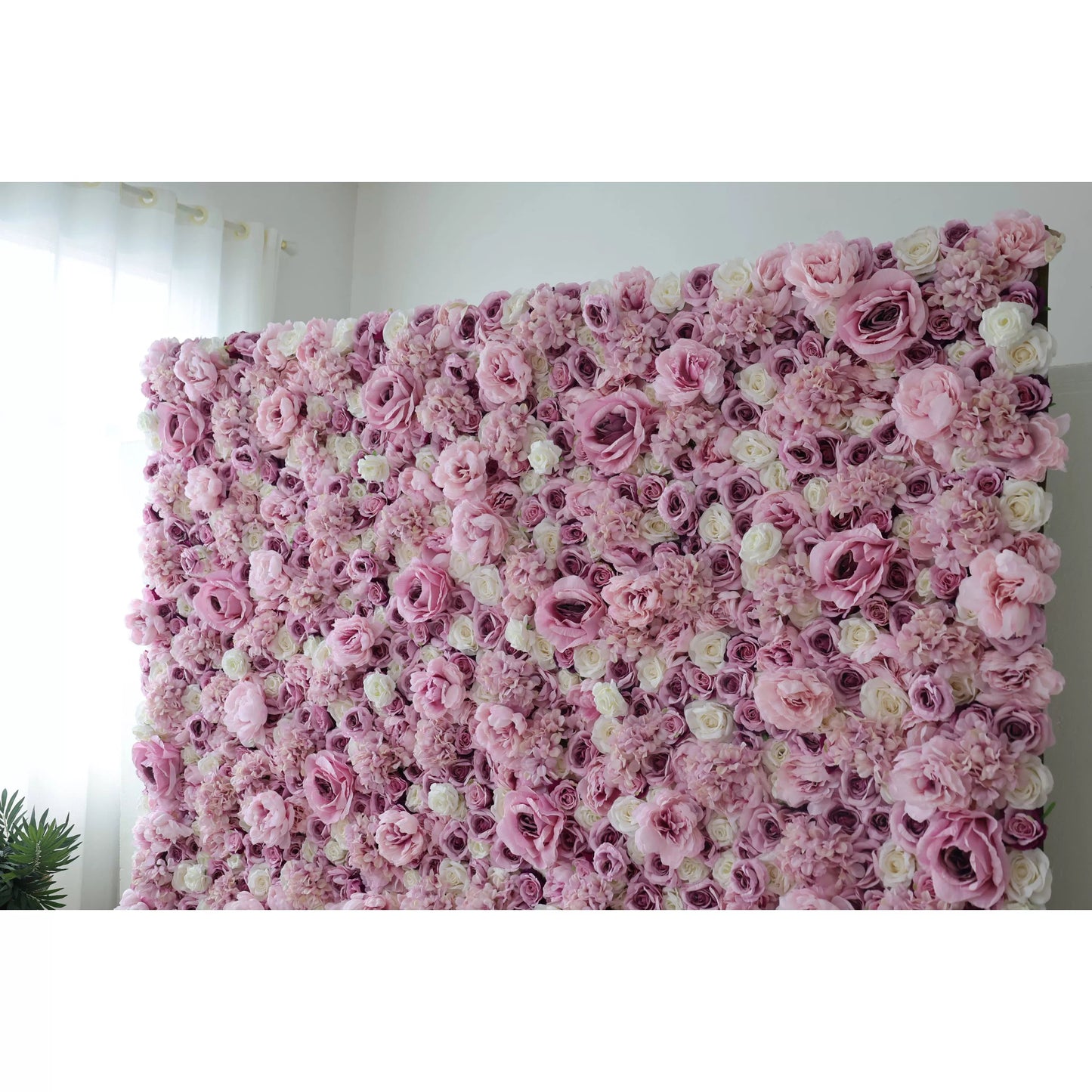 Roll Up Fabric Artificial Mix Purple Rose and White Flower Wall Wedding Backdrop, Floral Party Decor, Event Photography-VF-048-3