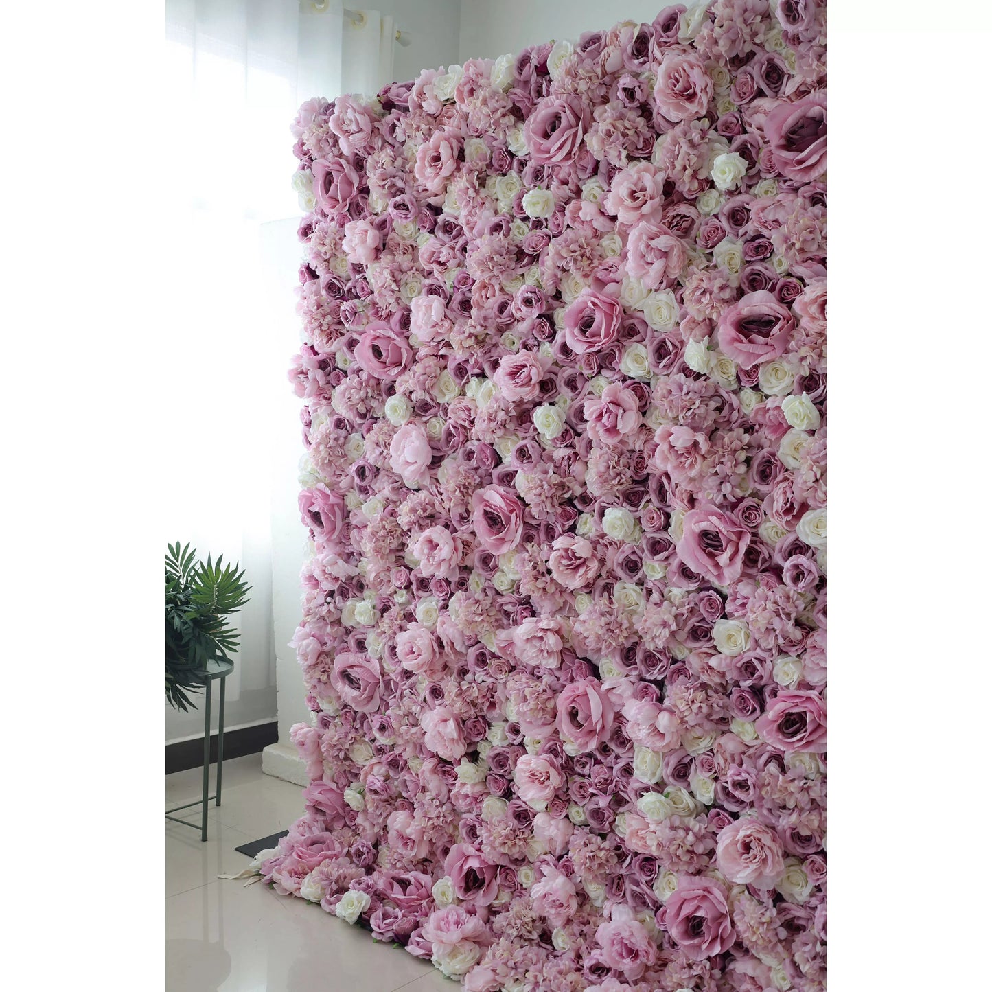 Roll Up Fabric Artificial Mix Purple Rose and White Flower Wall Wedding Backdrop, Floral Party Decor, Event Photography-VF-048-3