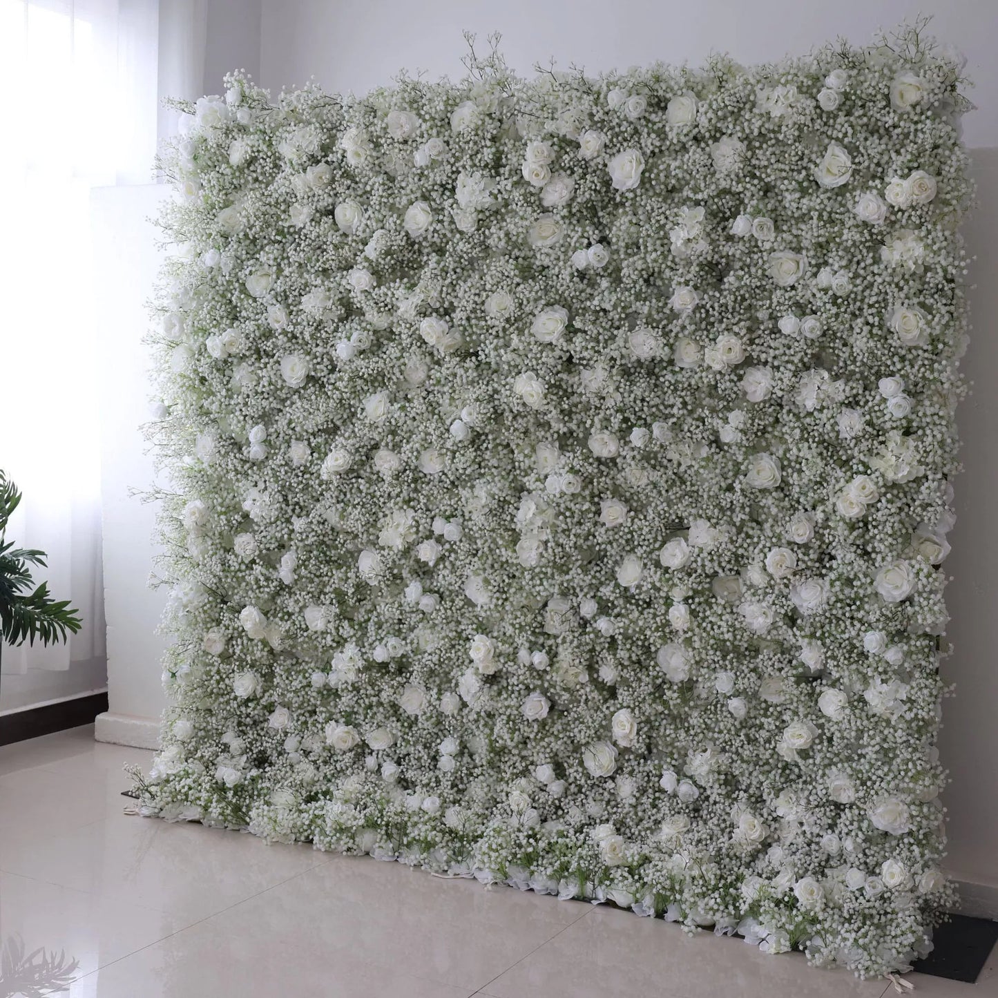 Flowers Artificial Floral Wall Backdrop: Serene Meadows Artificial Floral Wall Backdrop: White Rose & Baby's Breath Edition-VF-268-2