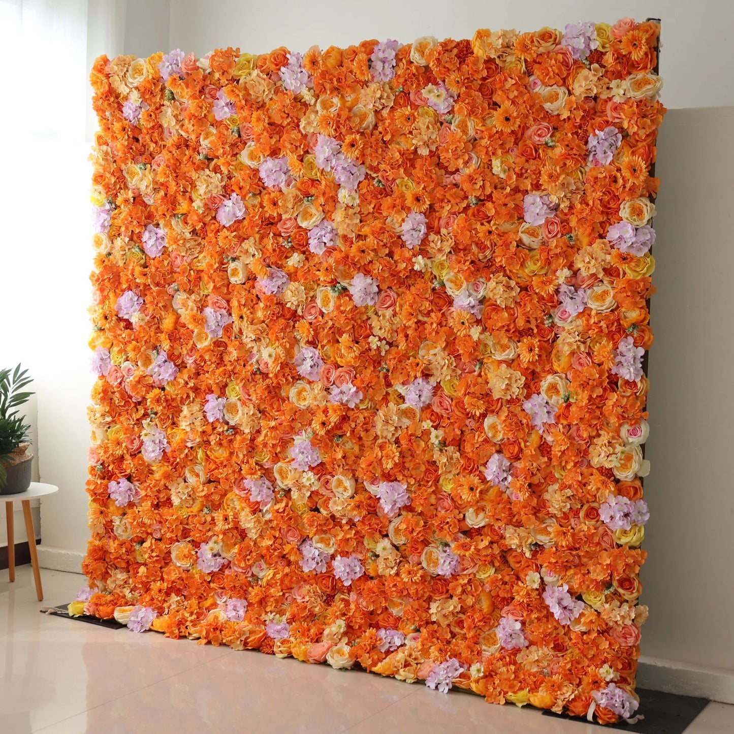 Roll Up Fabric Artificial Citrus-themed Papaya Orange and Yellow Flower Wall Wedding Backdrop, Floral Party Decor, Event Photography-VF-060