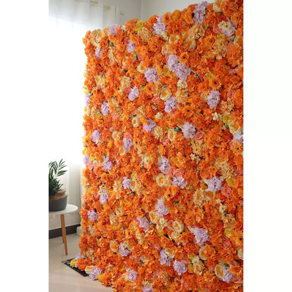 Roll Up Fabric Artificial Citrus-themed Papaya Orange and Yellow Flower Wall Wedding Backdrop, Floral Party Decor, Event Photography-VF-060