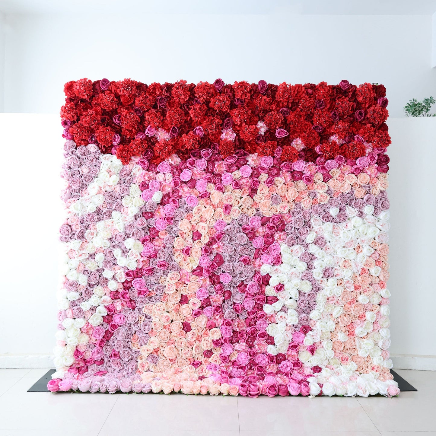 Roll Up Fabric Artificial Red to Pink White Gradient Flower Wall Wedding Backdrop, Floral Party Decor, Event Photography-VF-353