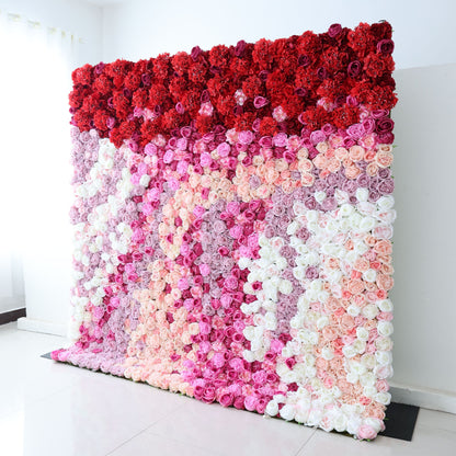 Roll Up Fabric Artificial Red to Pink White Gradient Flower Wall Wedding Backdrop, Floral Party Decor, Event Photography-VF-353