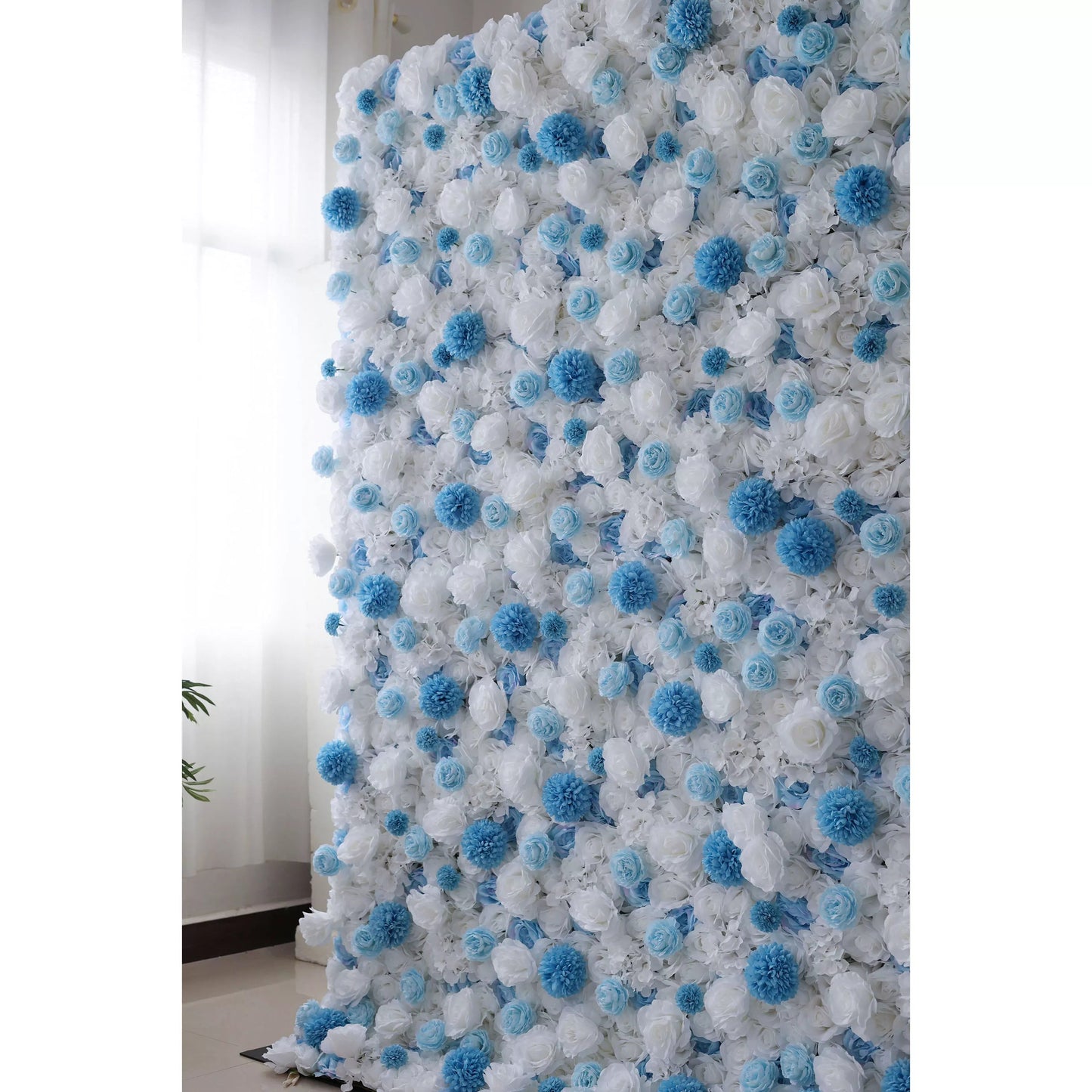 Flowers Artificial Floral Wall Backdrop: Serene Seascape - Azure Blue & Ivory Bliss Edition-VF-270