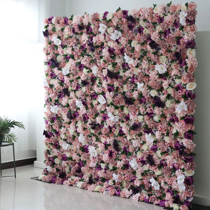 Roll Up Fabric Artificial Mix Rose Red and Dark Purple Flower Wall Wedding Backdrop, Floral Party Decor, Event Photography-VF-046