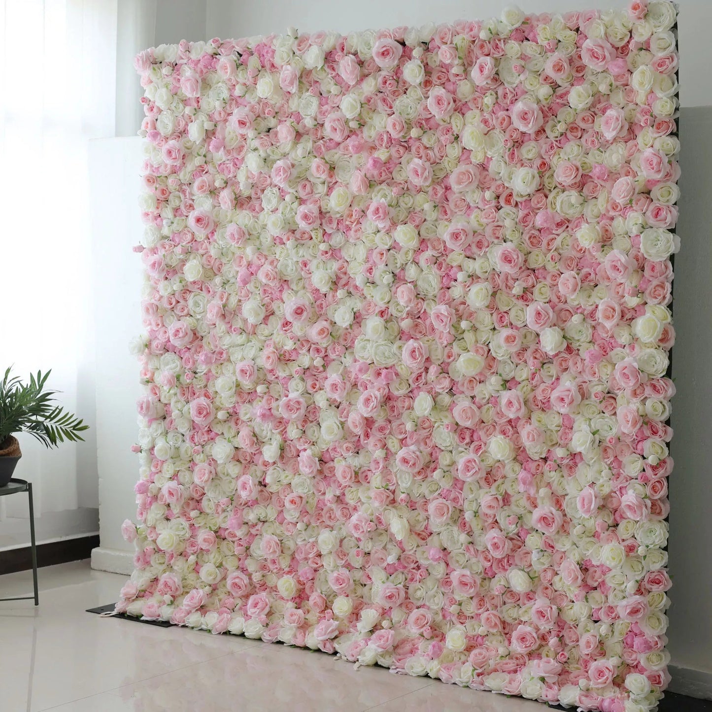 Roll Up Fabric Artificial Mix Cavern Pink and Lemon White Flower Wall Wedding Backdrop, Floral Party Decor, Event Photography-VF-085