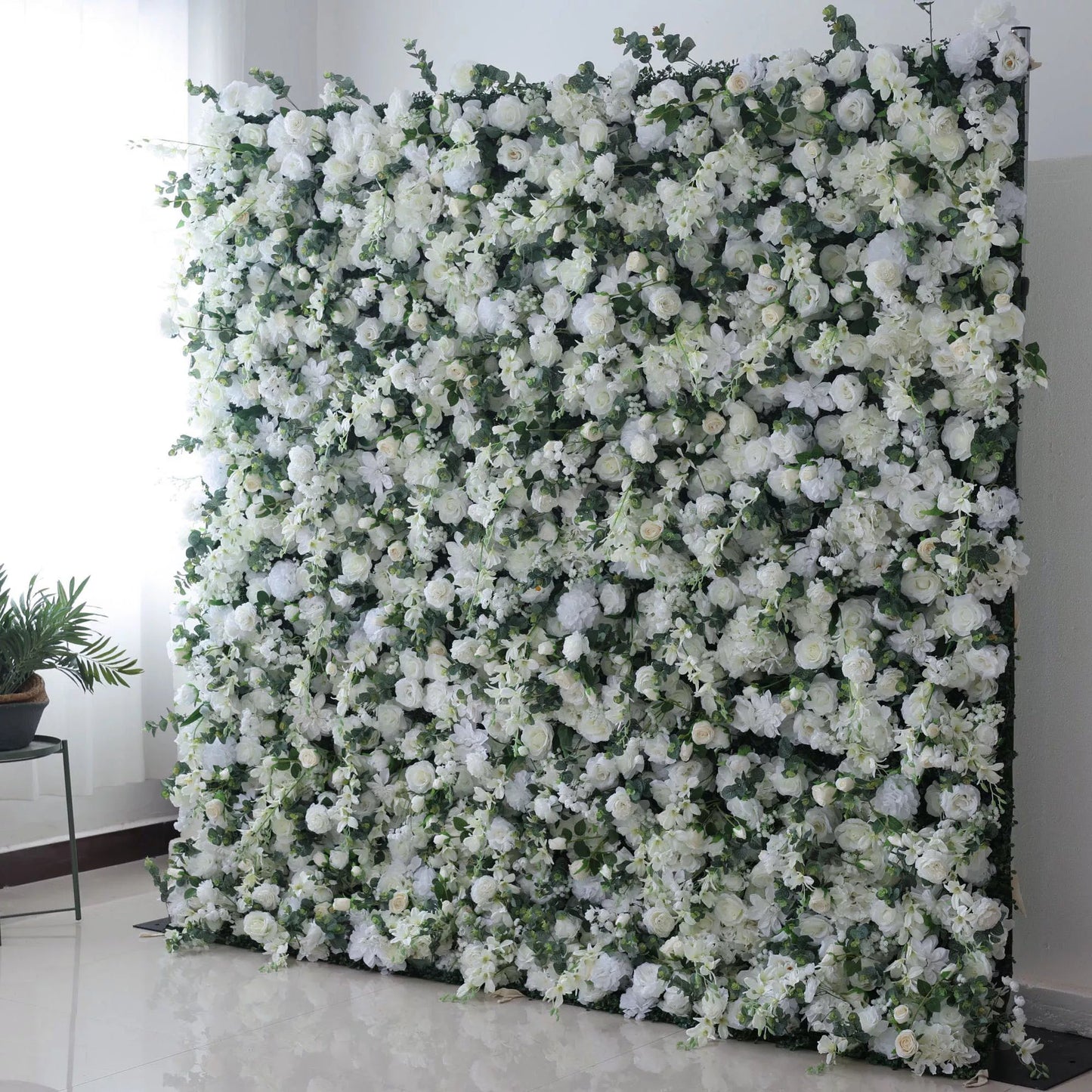 Ethereal White Floral Wall with Soft Green Accents: Perfect for Elegant Events & Celebrations-VF-201