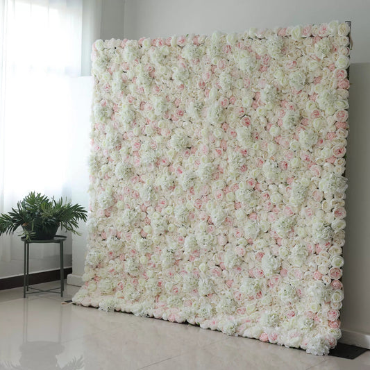 Roll Up Fabric Artificial Mixed White and Pink Rose Color Green Leaves Wall Wedding Backdrop, Floral Party Decor, Event Photography, Spa Decor-VF-090