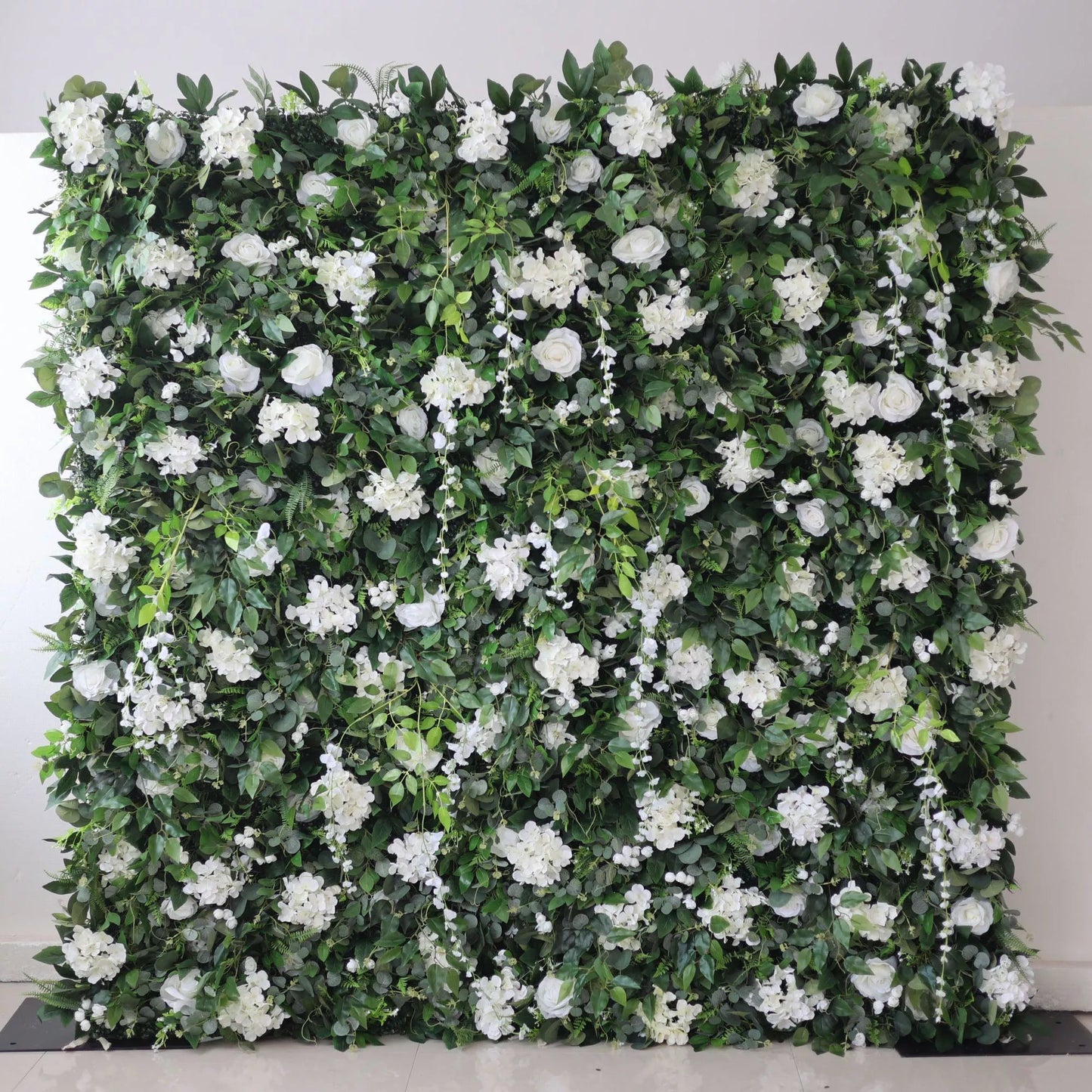 Roll Up Fabric Artificial White Flower and Vivid Green Leaves Floral Wall Wedding Backdrop, Floral Party Decor, Event Photography-VF-071-4