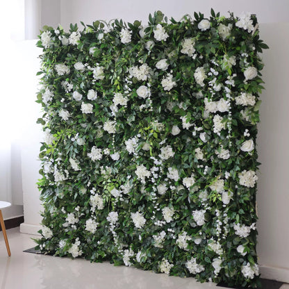 Roll Up Fabric Artificial White Flower and Vivid Green Leaves Floral Wall Wedding Backdrop, Floral Party Decor, Event Photography-VF-071-4