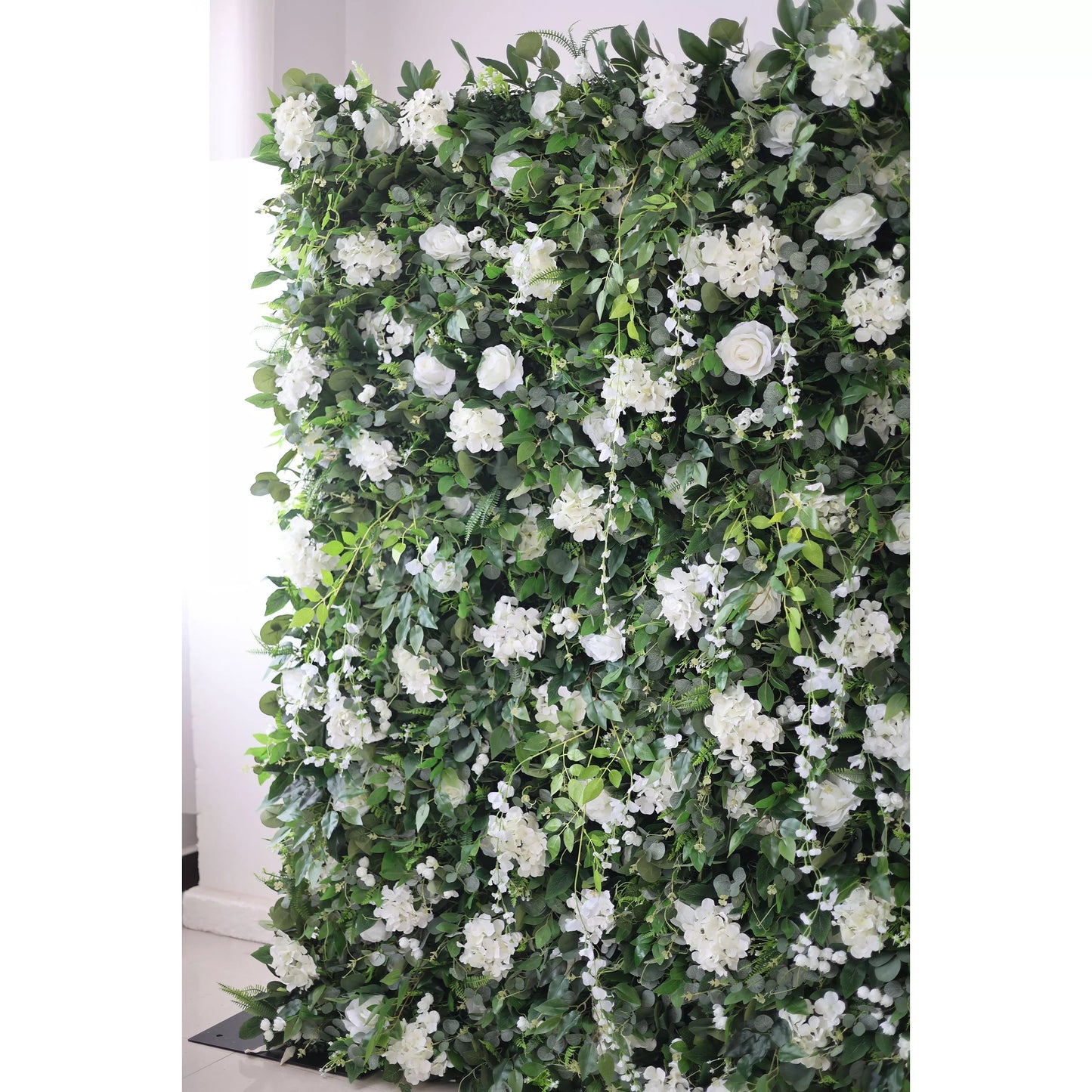 Roll Up Fabric Artificial White Flower and Vivid Green Leaves Floral Wall Wedding Backdrop, Floral Party Decor, Event Photography-VF-071-4