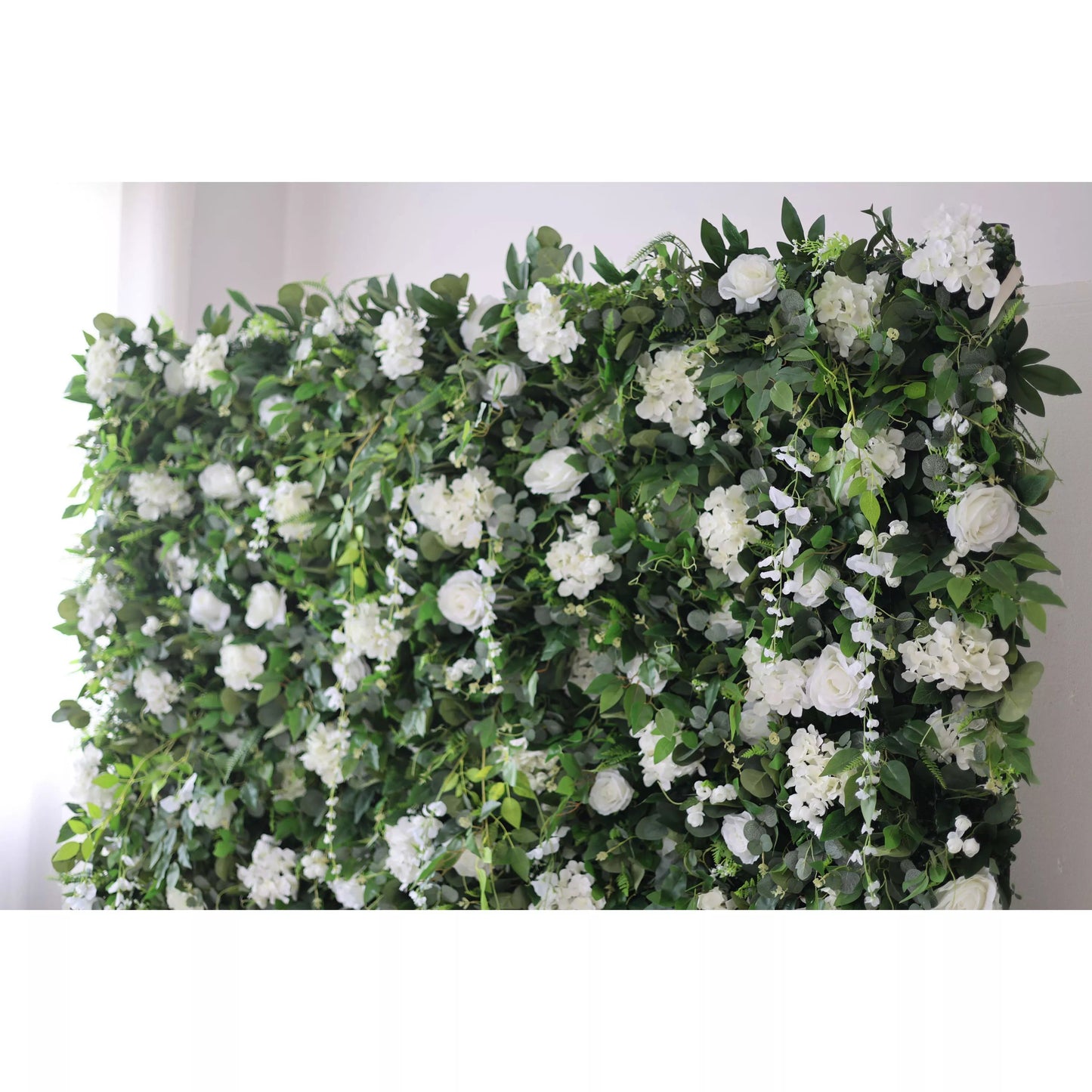 Roll Up Fabric Artificial White Flower and Vivid Green Leaves Floral Wall Wedding Backdrop, Floral Party Decor, Event Photography-VF-071-4