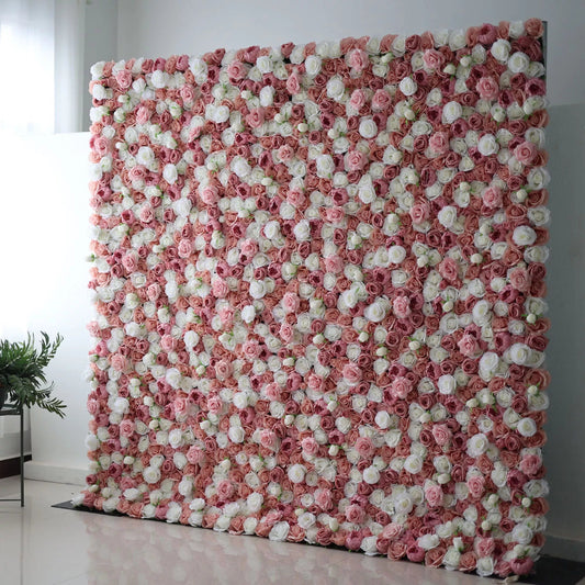 Roll Up Fabric Artificial Mix Rose Red & White Flower Wall Wedding Backdrop, Floral Party Decor, Event Photography-VF-038