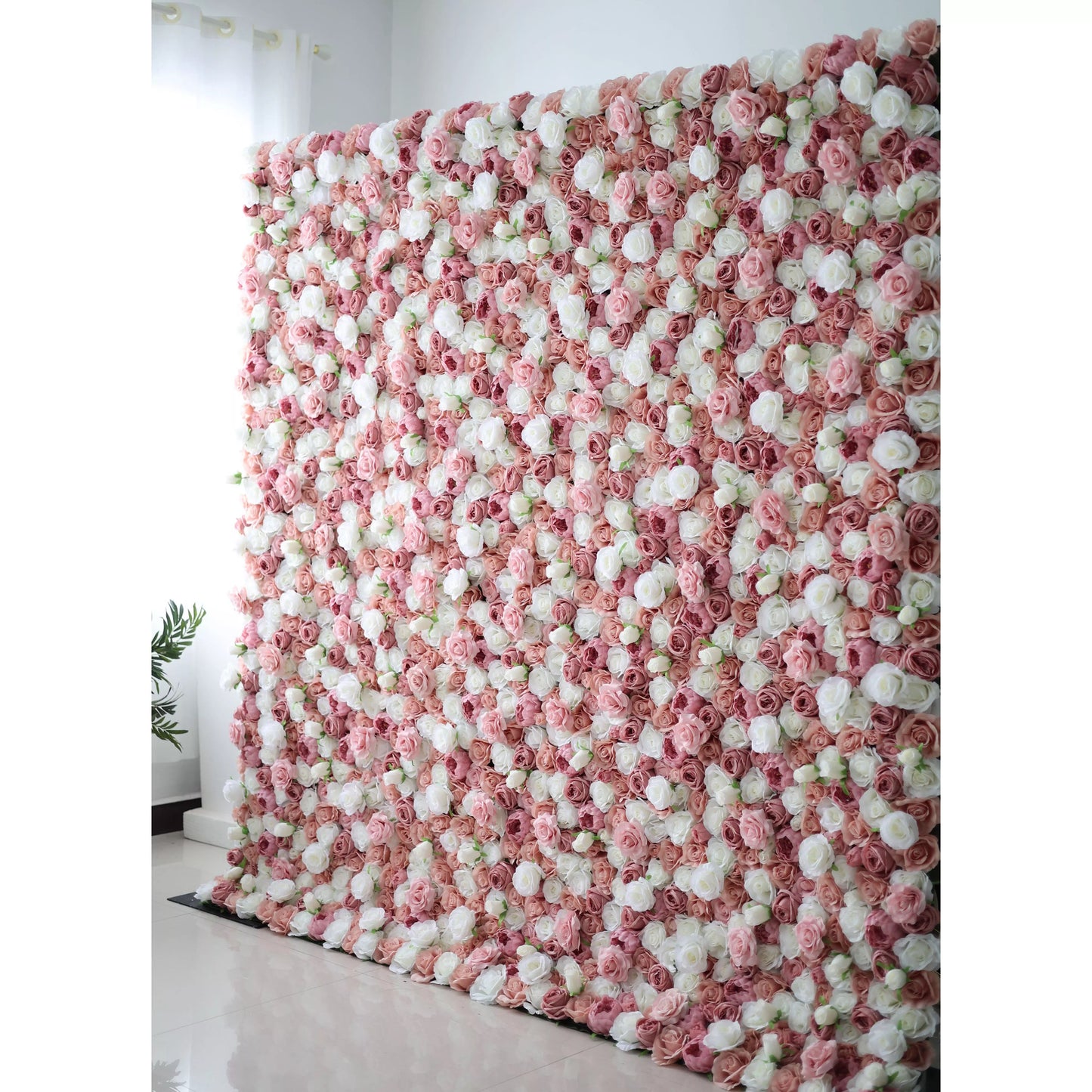 Roll Up Fabric Artificial Mix Rose Red & White Flower Wall Wedding Backdrop, Floral Party Decor, Event Photography-VF-038