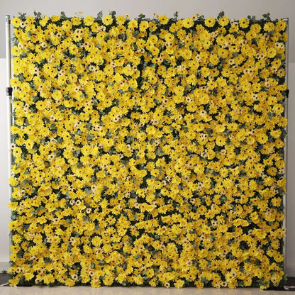 Roll Up Fabric Artificial Burnt Yellow Euryops Pectinatus  Flower Wall Wedding Backdrop, Floral Party Decor, Event Photography-VF-069