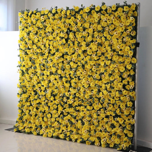 Roll Up Fabric Artificial Burnt Yellow Euryops Pectinatus  Flower Wall Wedding Backdrop, Floral Party Decor, Event Photography-VF-069