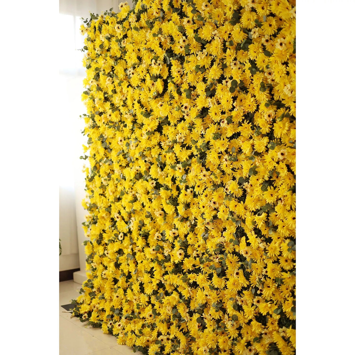 Roll Up Fabric Artificial Burnt Yellow Euryops Pectinatus  Flower Wall Wedding Backdrop, Floral Party Decor, Event Photography-VF-069