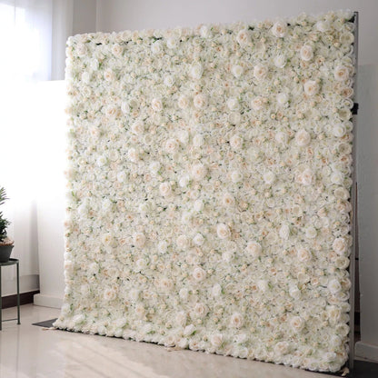 Roll Up Fabric Artificial Lemon White Rose Pink Core Flower Wall Wedding Backdrop, Floral Party Decor, Event Photography-VF-085-2