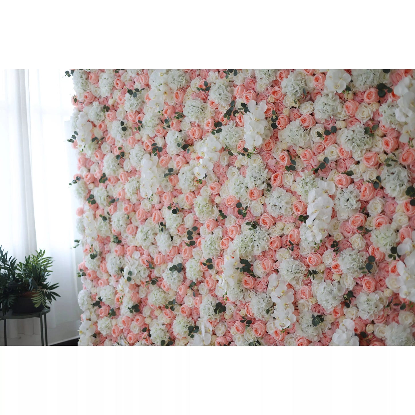 Roll Up Fabric Artificial Petite Orchid and Brandy Rose with White Roses Flower Wall Wedding Backdrop, Floral Party Decor, Event Photography-VF-027