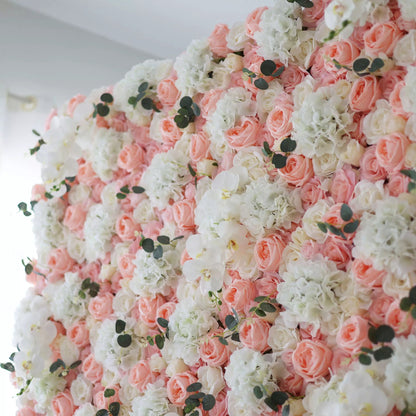 Roll Up Fabric Artificial Petite Orchid and Brandy Rose with White Roses Flower Wall Wedding Backdrop, Floral Party Decor, Event Photography-VF-027