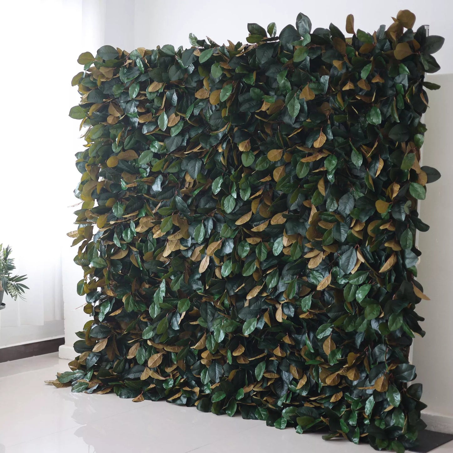 Flowers Artificial Floral Wall Backdrop: Lush Foliage - A Verdant Ensemble of Green and Gold Leaves-VF-276