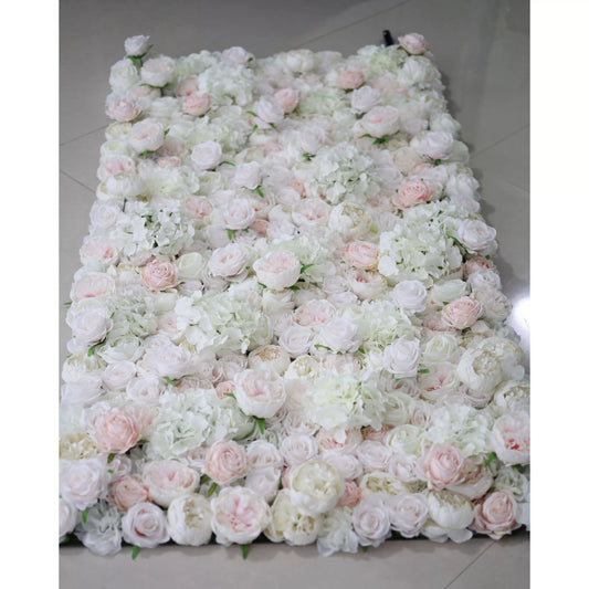 Roll Up Fabric Artificial Mixed White and Light Pink Rose Color Green Leaves Wall Wedding Backdrop, Floral Party Decor, Event Photography, Spa Decor-VF-090-2