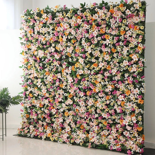 Roll Up Fabric Artificial Brown Mixed Pink and Fawn Double Colonial White and Green Leaves Floral Wall Wedding Backdrop, Floral Party Decor, Event Photography-VF-074