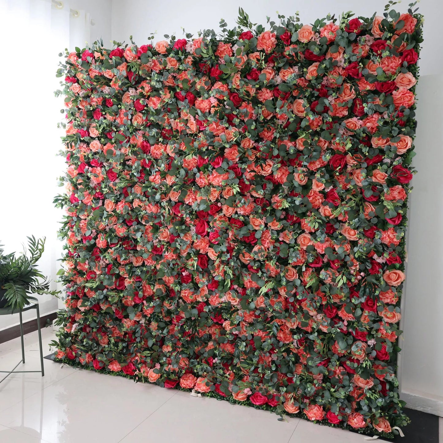 Roll Up Fabric Artificial Persian Plum and Light Carmine Pink Flower and Ironside Grey Green Leaves Wall Wedding Backdrop, Floral Party Decor, Event Photography-VF-070