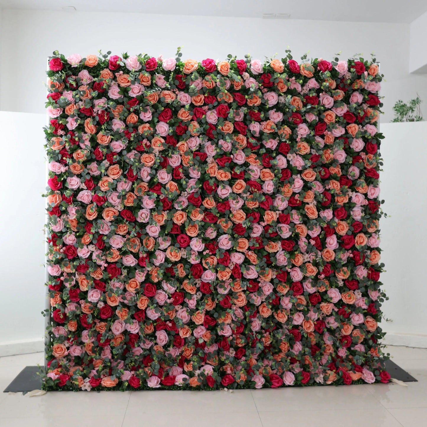 Roll Up Fabric Artificial Persian Plum and Light Carmine Pink Flower and Ironside Grey Green Leaves Wall Wedding Backdrop, Floral Party Decor, Event Photography-VF-070-2