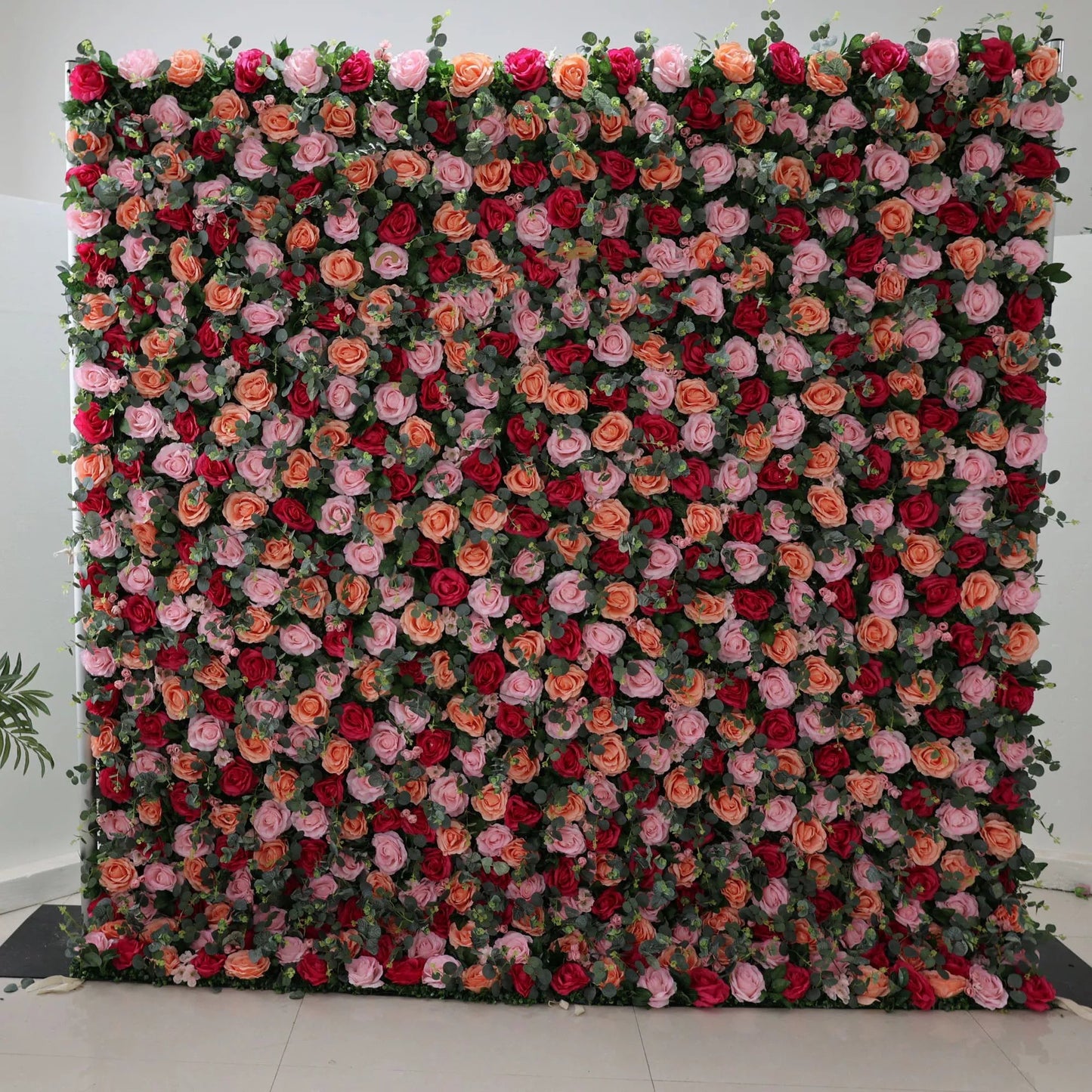 Roll Up Fabric Artificial Persian Plum and Light Carmine Pink Flower and Ironside Grey Green Leaves Wall Wedding Backdrop, Floral Party Decor, Event Photography-VF-070-2