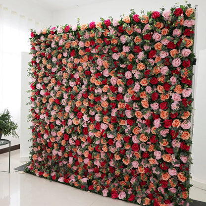 Roll Up Fabric Artificial Persian Plum and Light Carmine Pink Flower and Ironside Grey Green Leaves Wall Wedding Backdrop, Floral Party Decor, Event Photography-VF-070-2