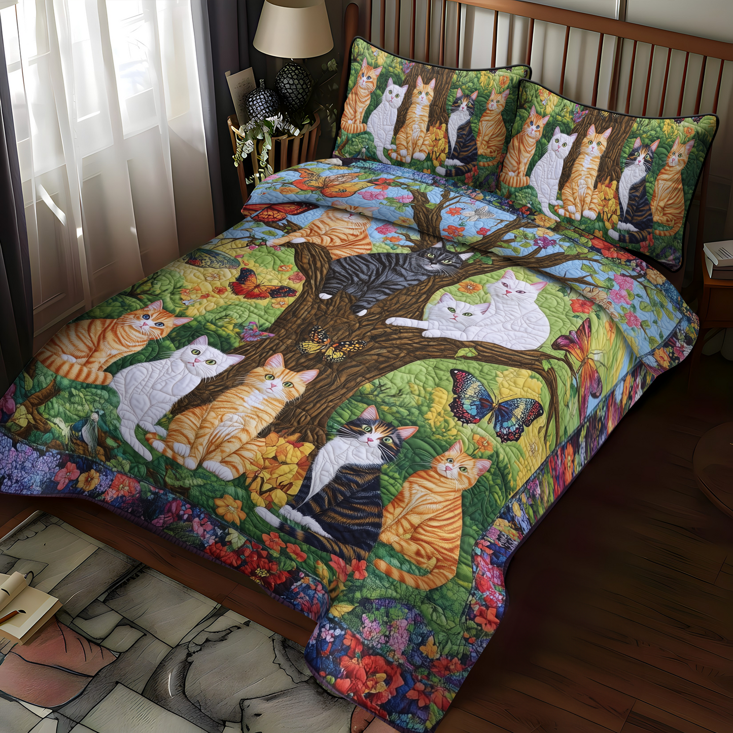 Blooming Purrfection 3-Piece Quilted Bedding Set NCU0DK1614