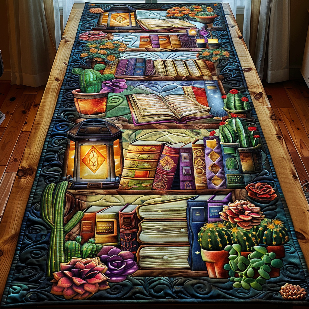 Botanical Bookshelf Quilted Table Runner NCU0TH541