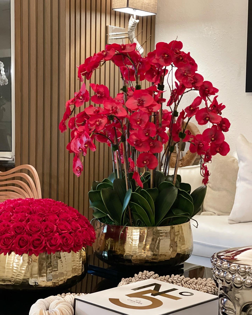 Red Phalaenopsis Orchids Floral Arrangement in Medium Gold Planter