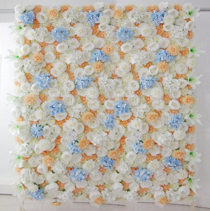 Roll Up Fabric Artificial Orange Mixed White and Baby Blue Floral Wall Wedding Backdrop, Floral Party Decor, Event Photography-VF-096