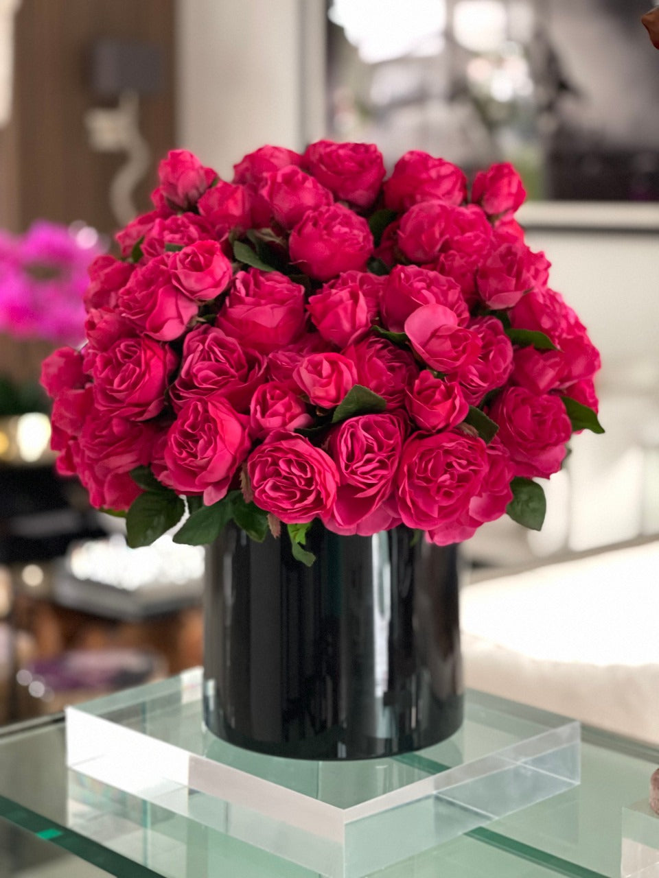 Dark Pink English Roses in Black Glass Cylinder Vase