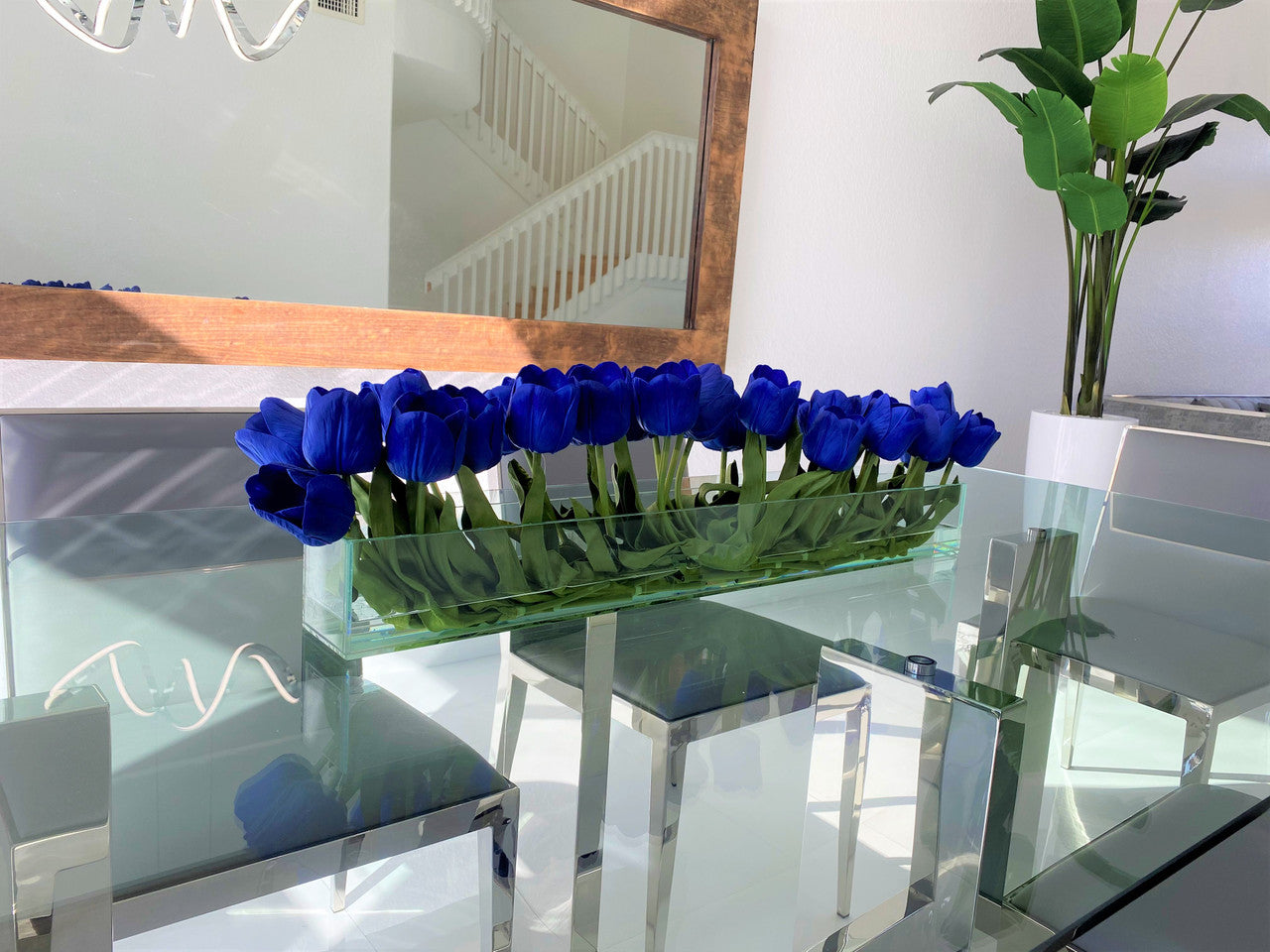 36″ Casa Moderna Glass Plate Planter with Blue Tulips