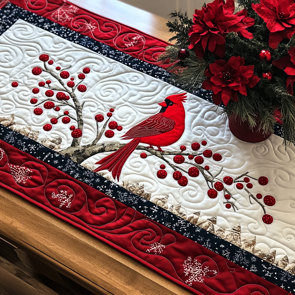 Cardinal Snowy Perch Quilted Table Runner NCU0DK1584