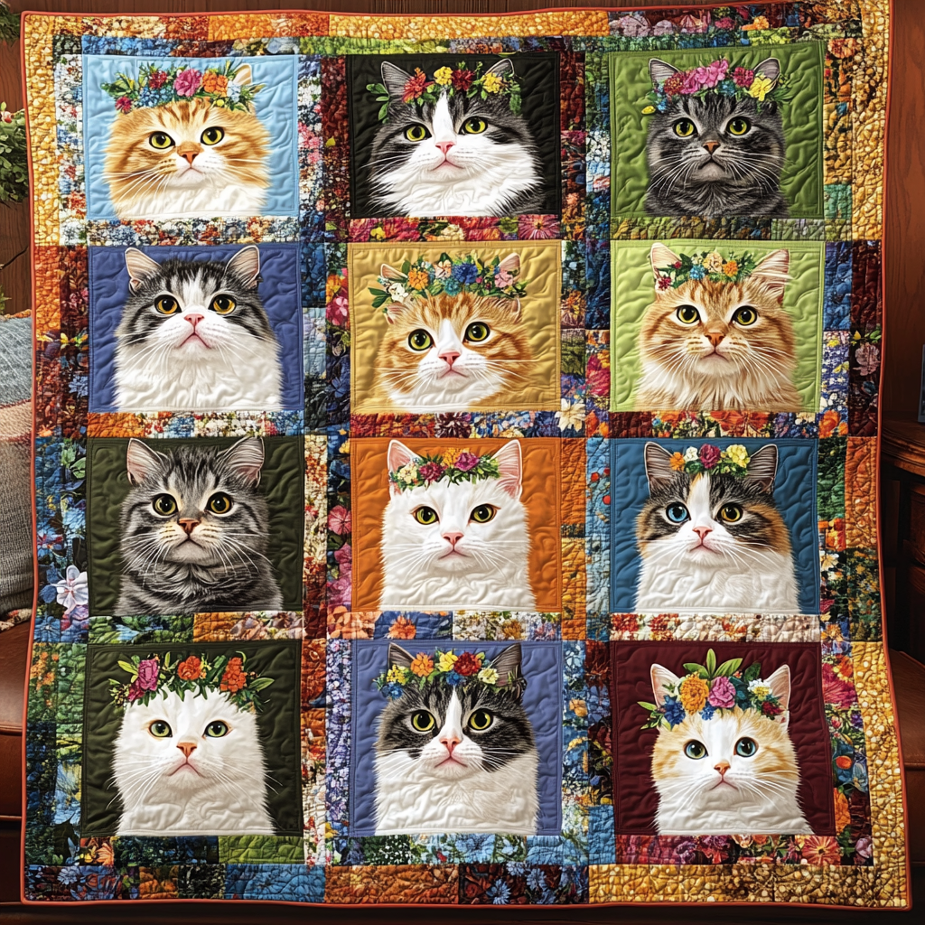 Cats with Blossoms Quilted Blanket NCU0TL1157