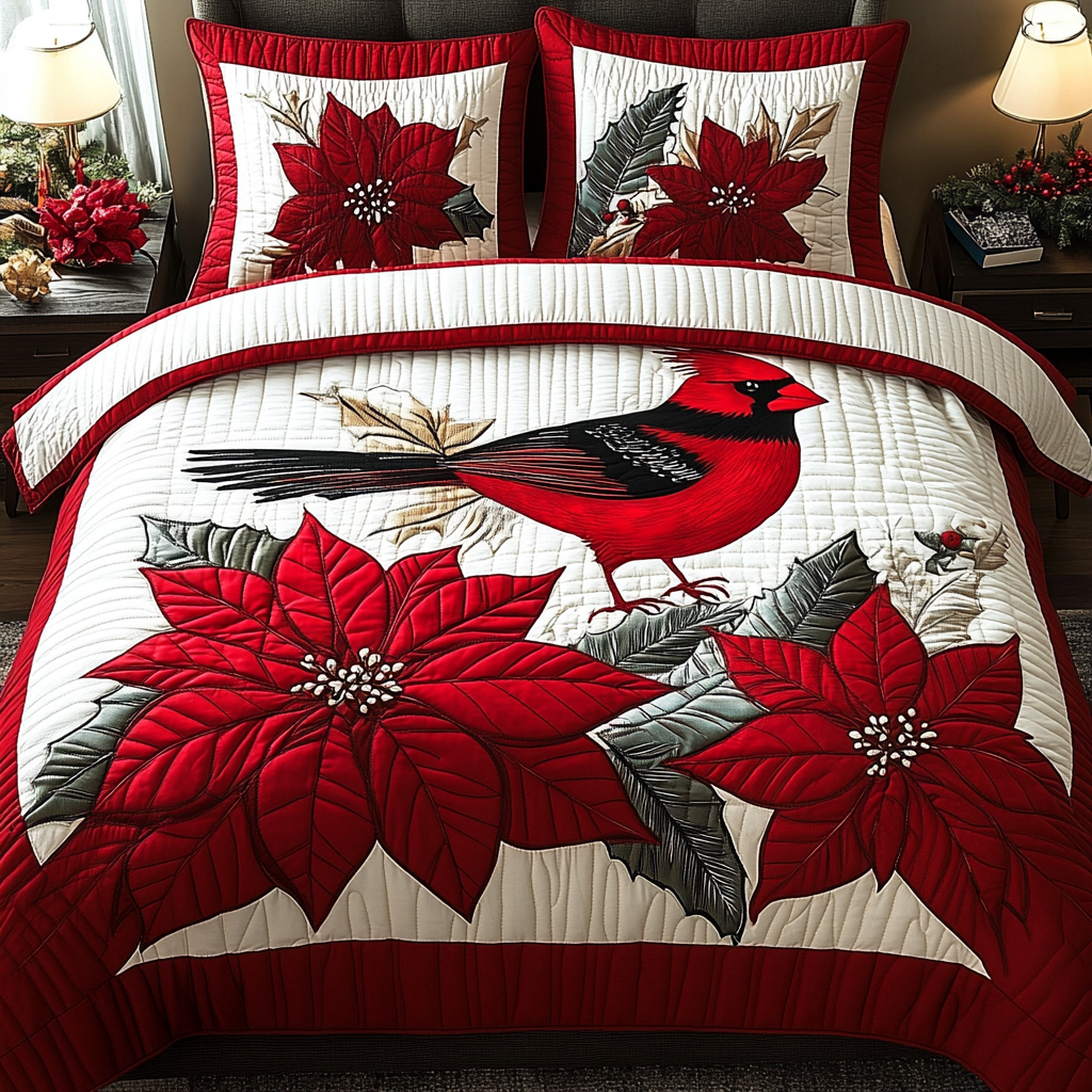 Christmas Poinsettia Cardinal TAI041124231 Quilt Bedding Set