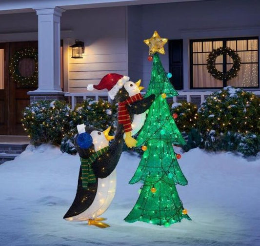 Christmas-led lighted tinsel penguins with tree