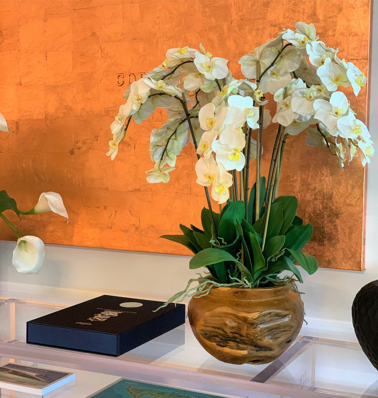 Large teak bowl with white orchids