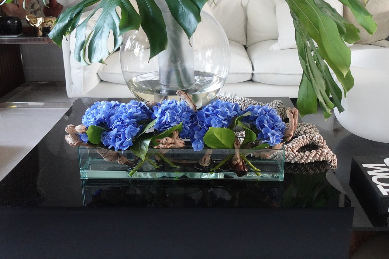 Casa Moderna Glass Plate Planter with Hydrangeas and Driftwood