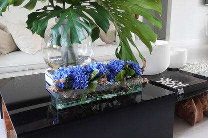 Casa Moderna Glass Plate Planter with Hydrangeas and Driftwood