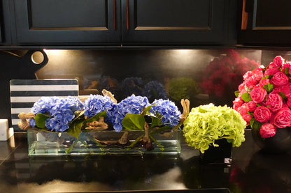 Casa Moderna Glass Plate Planter with Hydrangeas and Driftwood