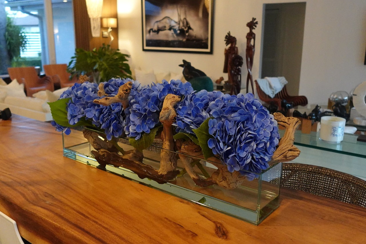 Casa Moderna Glass Plate Planter with Hydrangeas and Driftwood