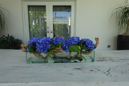 Casa Moderna Glass Plate Planter with Hydrangeas and Driftwood