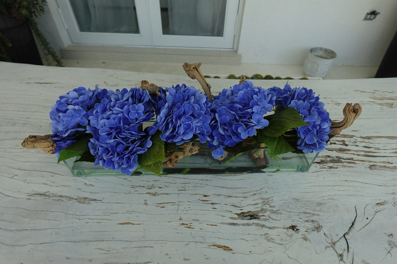 Casa Moderna Glass Plate Planter with Hydrangeas and Driftwood