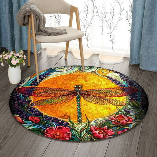 Dragonfly Flower HN0810052RR Round Area Rug